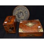 A Victorian walnut trinket box, small early 20th Century inlaid trinket box and beaded Victorian