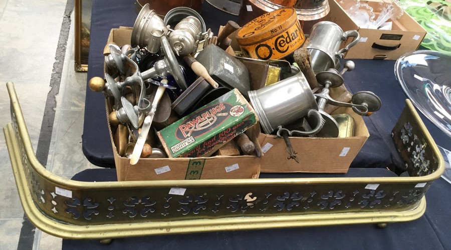 A collection of metal to include pewter, tins, tools, fender and other items