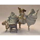 Lladro backstage ballet group, figural group of three dancers. Decorated by Paula Mavti. Limited