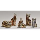Royal Crown Derby paperweights to include; Contented Cat (blue), Kitten, Siamese Cat, Grey Kitten,