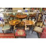 An Edwardian mahogany and satinwood inlay folding card table; a similar plant stand; similar