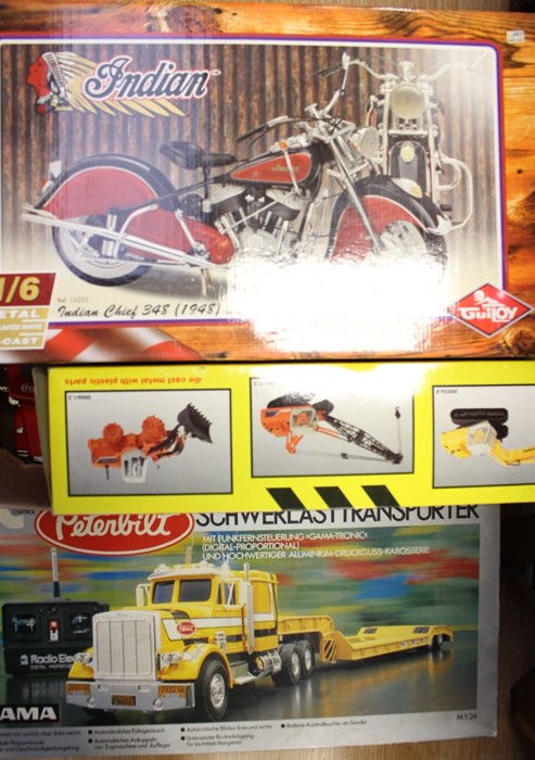 Radio control Peterbilt truck, 1:6 scale Indian motorcycle, R/C Coca-Cola truck, construction