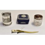 HM Silver tortoiseshell lidded glass jar, together with Wedgwood butter dish for Harrods and a