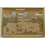 An early 19th Century linen and silk sampler of Thomas Telford's Menai Bridge with steam paddle ship