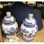 A pair of Spode Italian pattern table lamps with blue shades. The lamps in the form of large