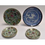 Three Cantonese enamel plates and a Chinese blue and white bronzed edge plate (4)