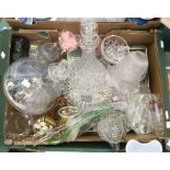 A collection of cut glass including decanters, dishes and bowls