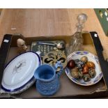 Some early 20th century ceramics including tureen, water jug,bowl, eggs, decanter and book.