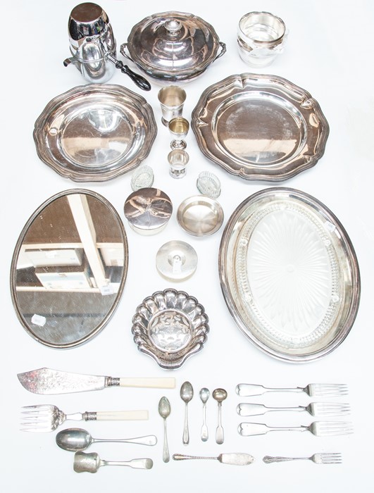 A collection of French mainly 19th Century style silver-plate including two circular serving dishes,