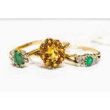 Three 9ct gold rings, including green, white and yellow paste set stones, total gross weight