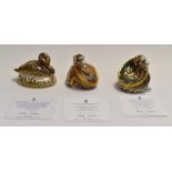 Three Royal Crown Derby paperweights with certificates, incl Golden Jubilee Black Swan, Dragon of