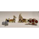 Royal Crown Derby paperweights to include; Pig, Donkey Foal, Donkey and Lamb, all gold stoppers