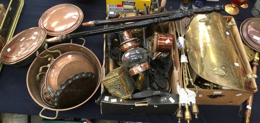 Collection of brass and copper wares in jam pans, trivets, pots, lamp, bed pans, fire irons etc