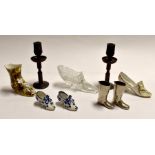 A collection of 19th Century porcelain and glass, boots and shoes together with a pair of 20th