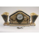 Early 20th Century classical beige and grey French marble clock garniture embellished with swags,
