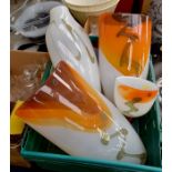 A matching collection of Svaja art glass. Opaque white and orange . A pair of vases, a narrow neck