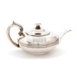 A George IV silver melon shaped teapot, with reeded mid-rib, with C-scroll reeded handle, the hinged