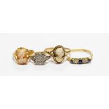 An 18ct gold and diamond ring, size J 1/2, approx 2.1 grams; a gold, sapphire and diamond ring, size