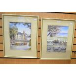A pair of watercolours by Brian Hayes, one of a rural scene, the other of a city riverscape. (2)