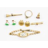 A 14ct gold watch, Gauno on plated strap, 11.2gms gross; a pair 9ct gold clip on earrings, 1.9gms;