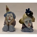 Two Lladro clowns heads including No 5129 (9-8J) Pierrot style clown and pensive clown No 5130. 2