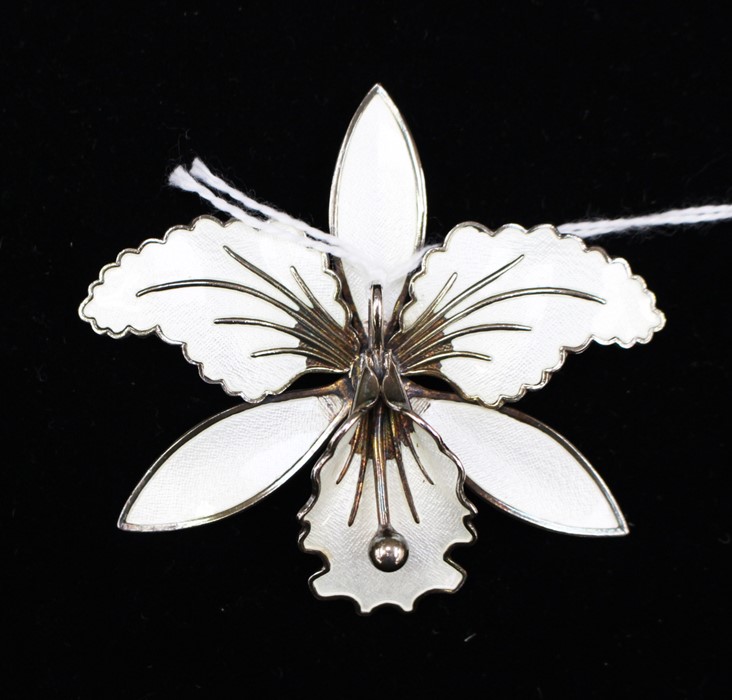 A Norwegian silver and white enamel orchid brooch, by Aksel Holmsen, stamped 925 Norway, approx