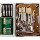 Collection of flatware, all plated along with a box set of silver butter knives