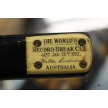 Snooker cue bearing plaque "The Worlds Record Break Cue, 4137 January 20th 1932, Walter Lixtrum,