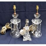Pair of 20th century crystal glass table lamps with crystal droppers and another glass example.