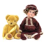 Heubach Köppelsdorf, large bisque head doll along with a small seventies teddy bear