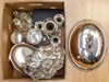 A collection of silver plate including an epergne food cover, condiment set, boxed salt and pepper