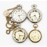 Three Ingersoll white metal pocket watches, along with a white metal chain and ladies pocket watch