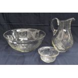 Early 20th century large glass bowl and pitcher together with a small bowl. AF
