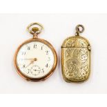 A Continental 800 silver open faced pocket watch, approx 4.5cm diam; along with a plated vesta