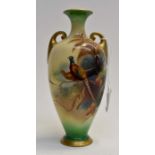 A Royal Worcester twin handled vase decorated with pheasants. Indistinct signature circa 1911