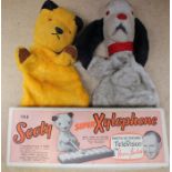Chad Valley Sooty + Sweep hand puppets plus Sooty Xylophone, boxed, by Green Monk Products. (3)