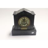 Victorian slate mantle clock with a gilt and enamel dial inscribed plate to the face