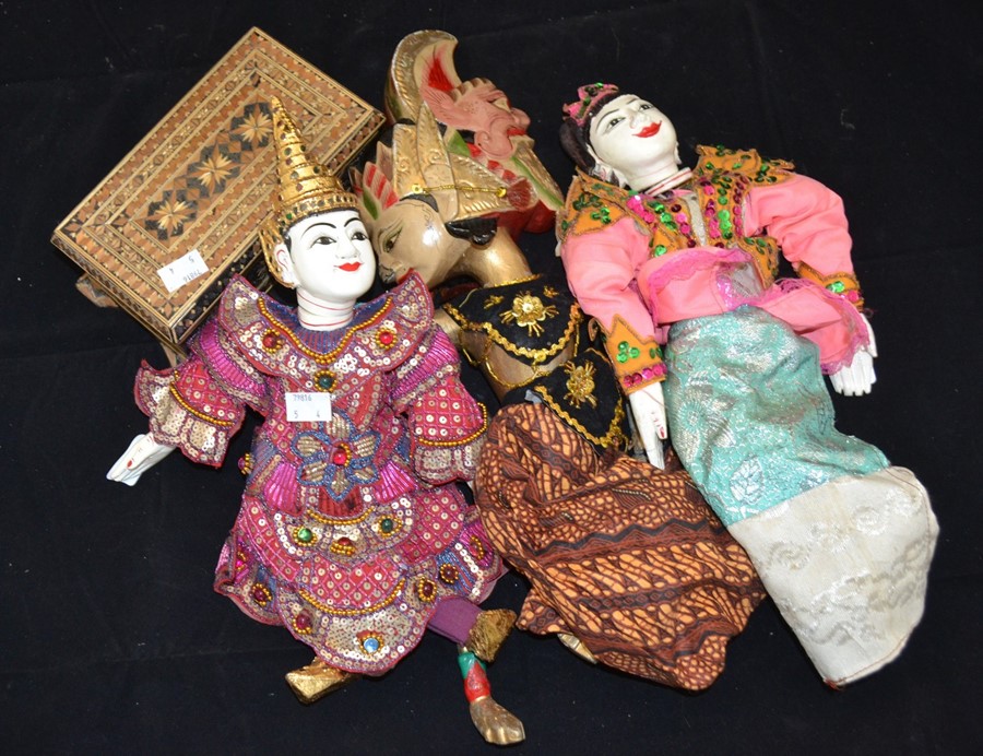 Three puppets, circa 20th Century along with a box