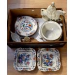 Booths part dinner service with green parrot pattern and two bowls in Pompadour pattern and a