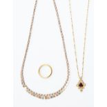 A 9k three colour gold fringe necklet, approx 3gms; a 9ct pendant set garnet on fine link chain,