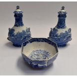 Early 20th Century pair of blue and white Spode Copeland Italian design lidded vases, 32cm high