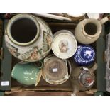 Denby vase and various pots in a box