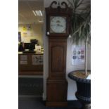 Oak grandfather clock, with Leicester makers details with inlaid shell cartouche