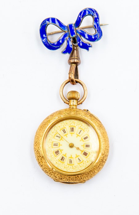 An 18ct gold cased ladies pocket watch, embossed decoration to case with enamel detailing, (damage