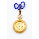 An 18ct gold cased ladies pocket watch, embossed decoration to case with enamel detailing, (damage
