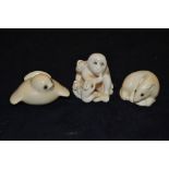 Three ivory Netsuke, comprising a rat, bird and monkey