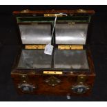 A Meichi and Bazin of London walnut tea chest with gilt strapping, Wedgwood plaques, two spring