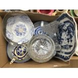Blue and white wares from 19th Century, to include bowls, teapot, comport, together with glass