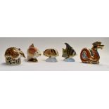 Royal Crown Derby paperweights to include; Dragon, Armadillo, Carp (unboxed), Tropical Fish (Sweet