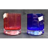 Two Rosenthal glass tumblers deep blue and ruby red "Versace" in original boxes